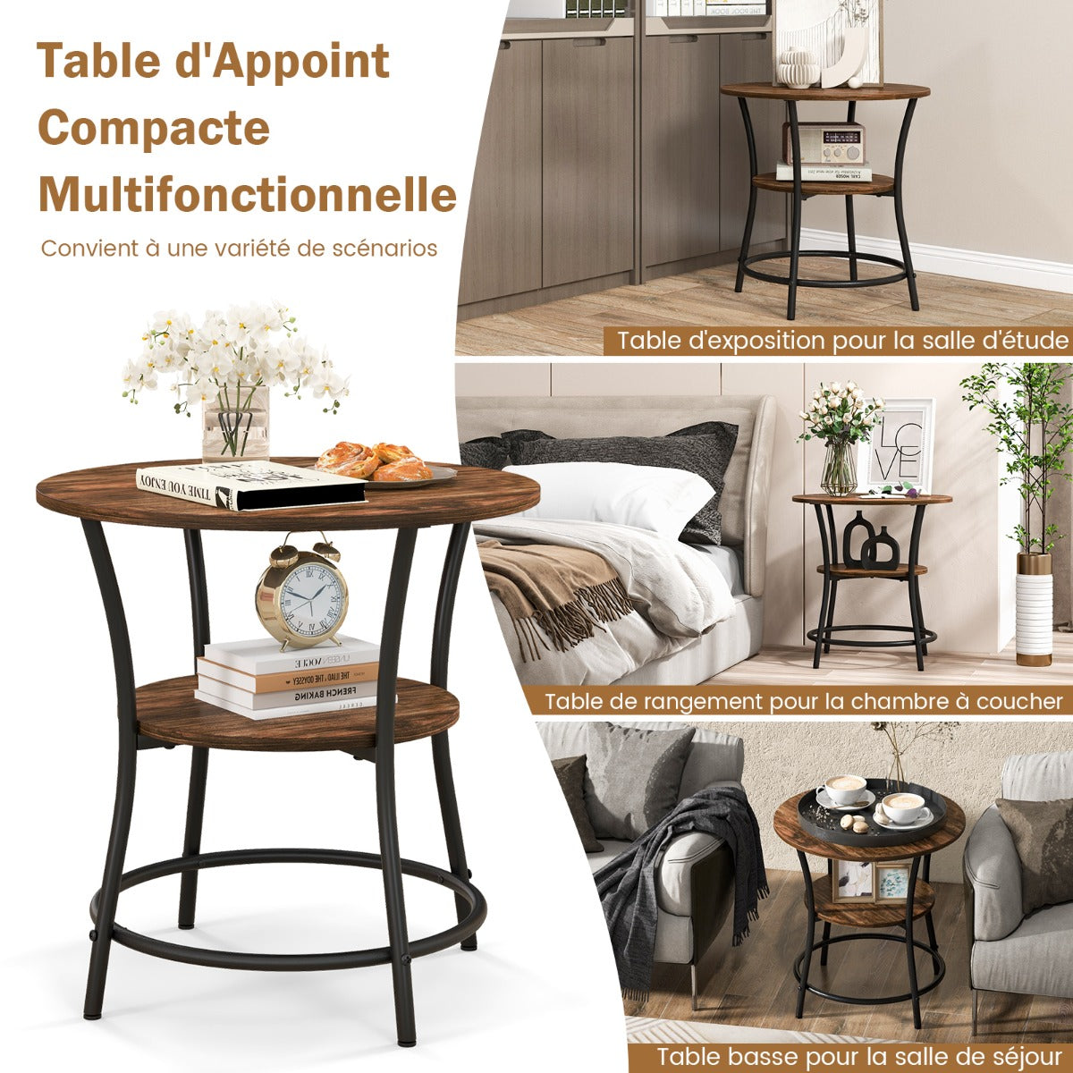 Table Basse Ronde, Dia.55 CM, Table d'appoint, Table de salon, Petite Table, Style Industrielle,2 Niveaux, Marron, Costway, 6