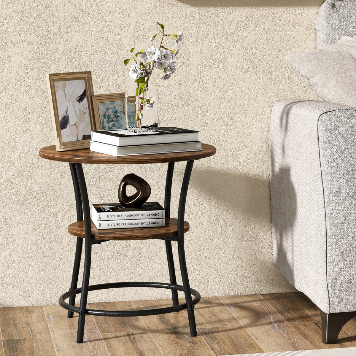 Table Basse Ronde, Dia.55 CM, Table d'appoint, Table de salon, Petite Table, Style Industrielle,2 Niveaux, Marron, Costway, 3