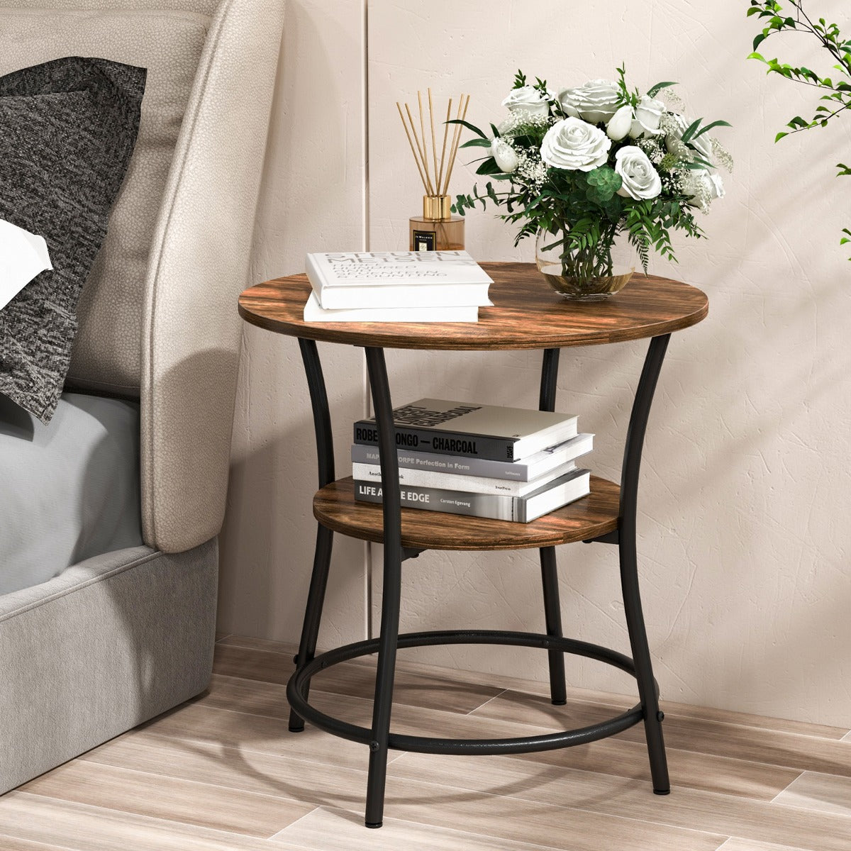 Table Basse Ronde, Dia.55 CM, Table d'appoint, Table de salon, Petite Table, Style Industrielle,2 Niveaux, Marron, Costway, 2
