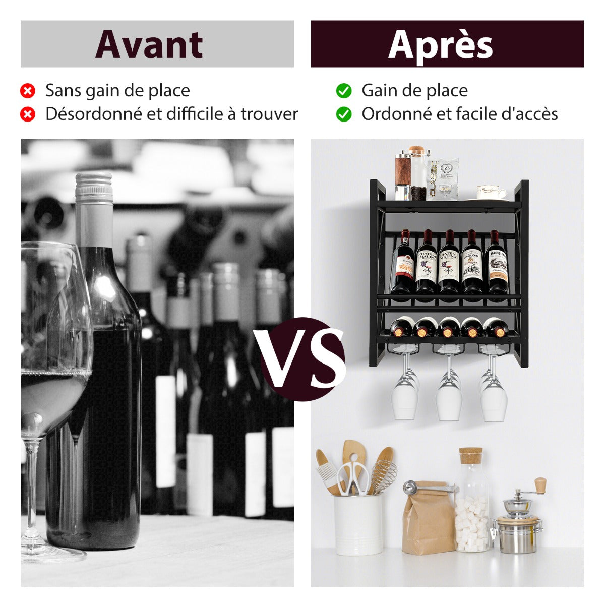 Porte Bouteille Mural, Etagere a Vin, 10 Bouteilles avec Porte-Verre à Pied Casier à Bouteilles 3 Niveaux, Costway, 8