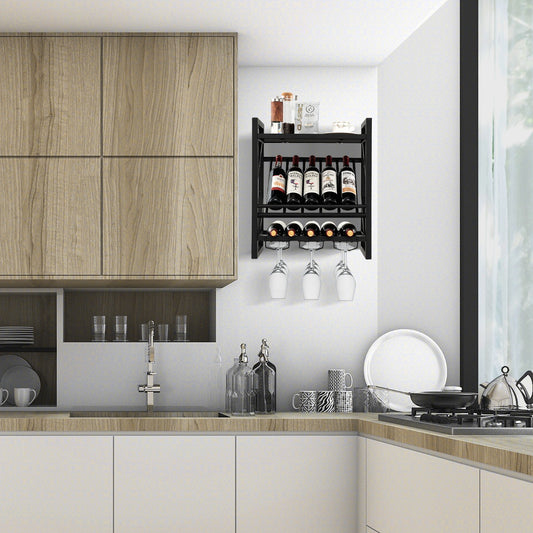 Porte Bouteille Mural, Etagere a Vin, 10 Bouteilles avec Porte-Verre à Pied Casier à Bouteilles 3 Niveaux, Costway, 3