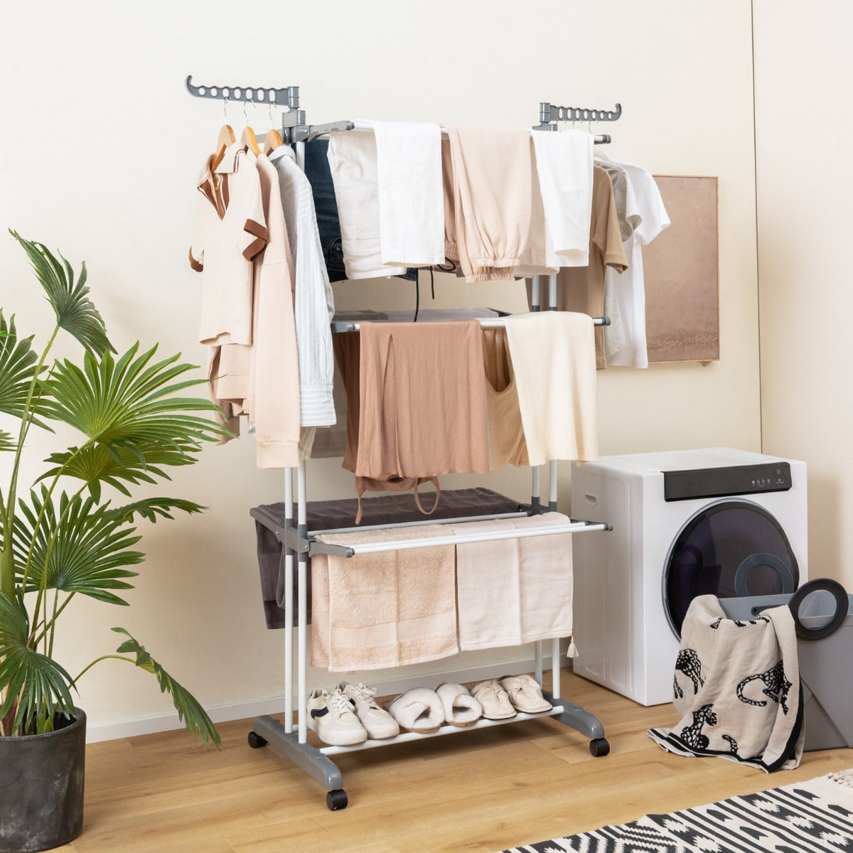 Etendoir a Linge Pliable, avec Ailes Latérales Rotatives et Étagères Pliables pour une Utilisation, Gris, Costway, 2