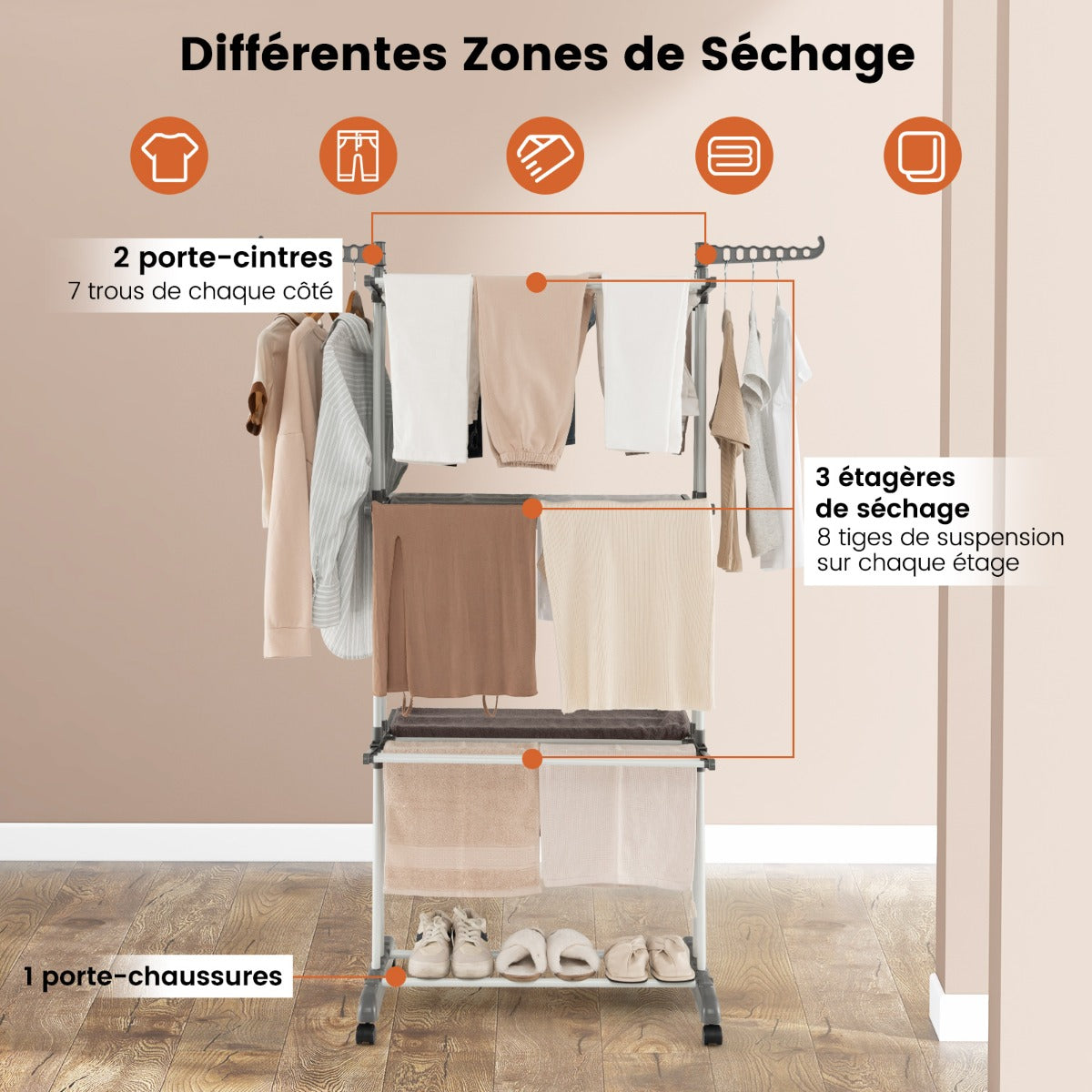 Etendoir a Linge Pliable, avec Ailes Latérales Rotatives et Étagères Pliables pour une Utilisation, Gris, Costway, 4
