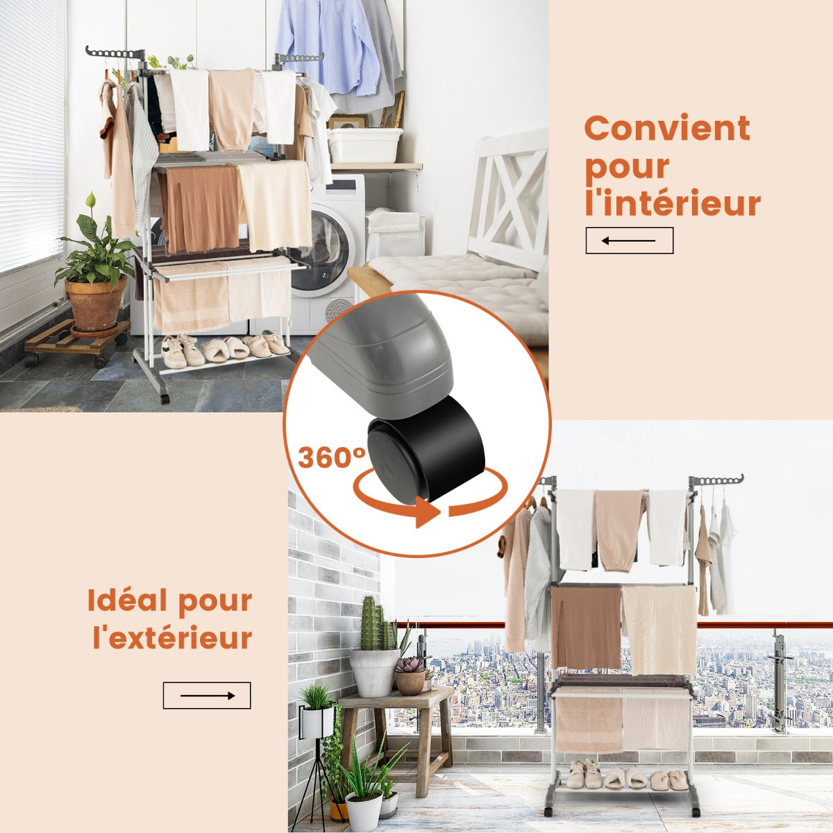 Etendoir a Linge Pliable, avec Ailes Latérales Rotatives et Étagères Pliables pour une Utilisation, Gris, Costway, 5