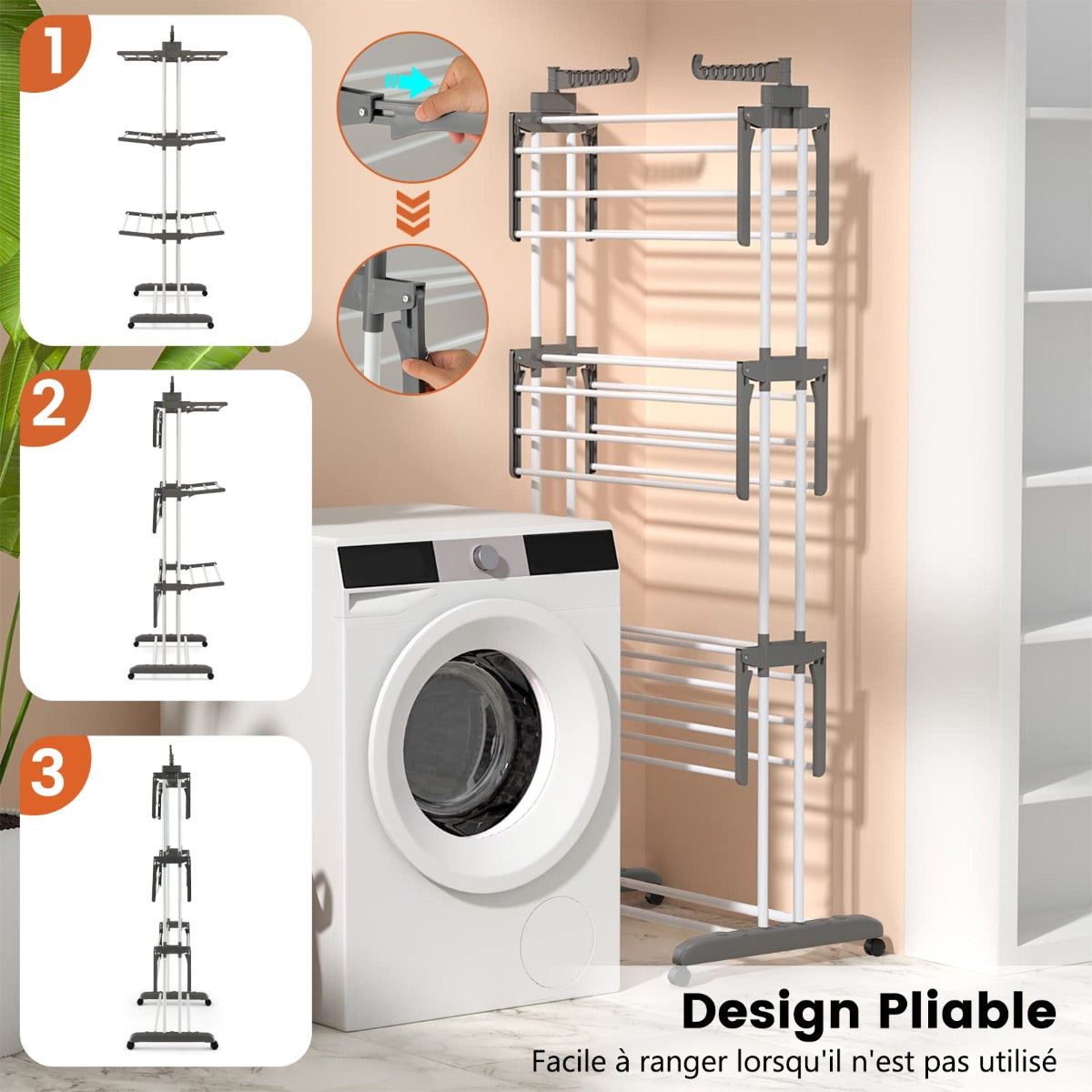 Etendoir a Linge Pliable, avec Ailes Latérales Rotatives et Étagères Pliables pour une Utilisation, Gris, Costway, 7