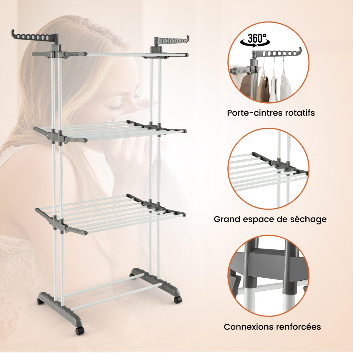 Etendoir a Linge Pliable, avec Ailes Latérales Rotatives et Étagères Pliables pour une Utilisation, Gris, Costway, 3