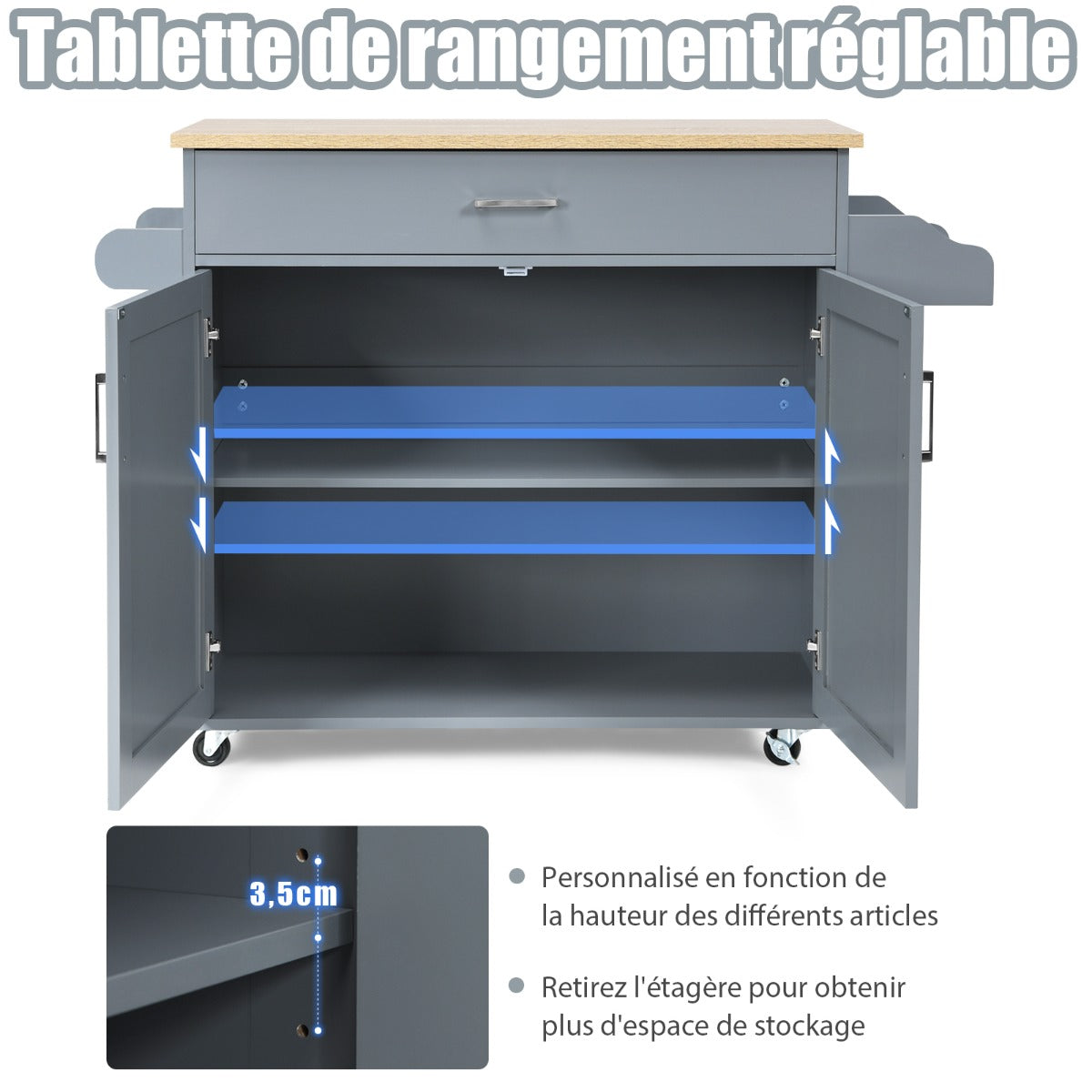 Chariot de Rangement, Ilot de Cuisine, Desserte a Roulette, Desserte de Cuisine, Desserte micro onde, Gris, Costway, 8