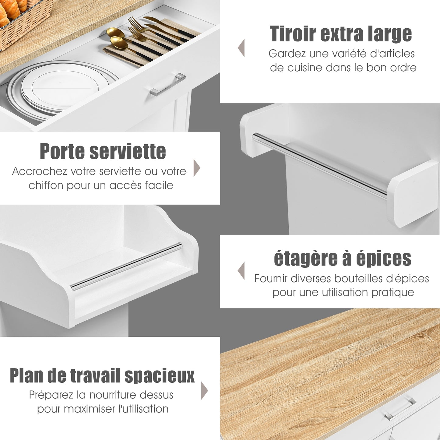 Desserte a Roulette, Chariot de Rangement, Ilot de Cuisine, Desserte de Cuisine, Desserte micro onde, Blanc, Costway, 5