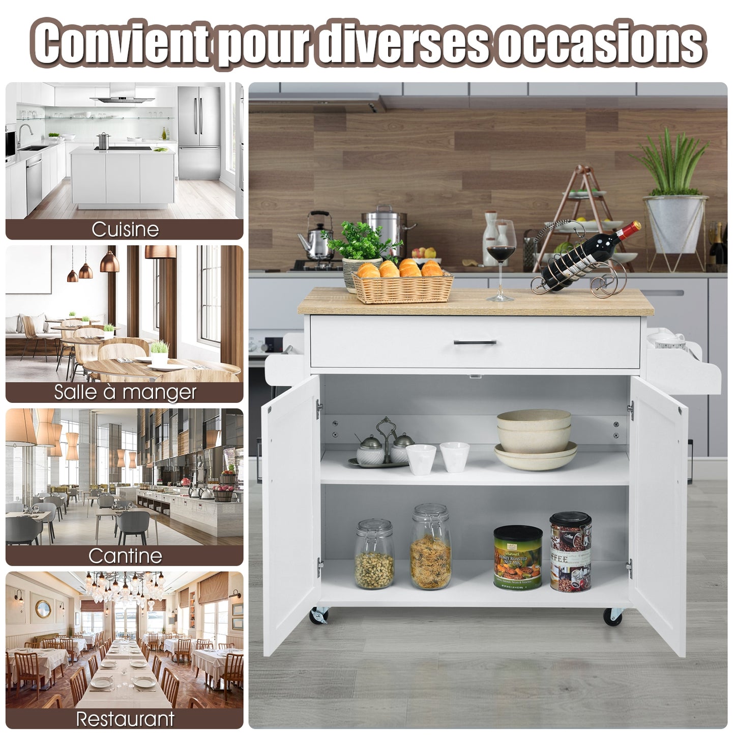 Desserte a Roulette, Chariot de Rangement, Ilot de Cuisine, Desserte de Cuisine, Desserte micro onde, Blanc, Costway, 7