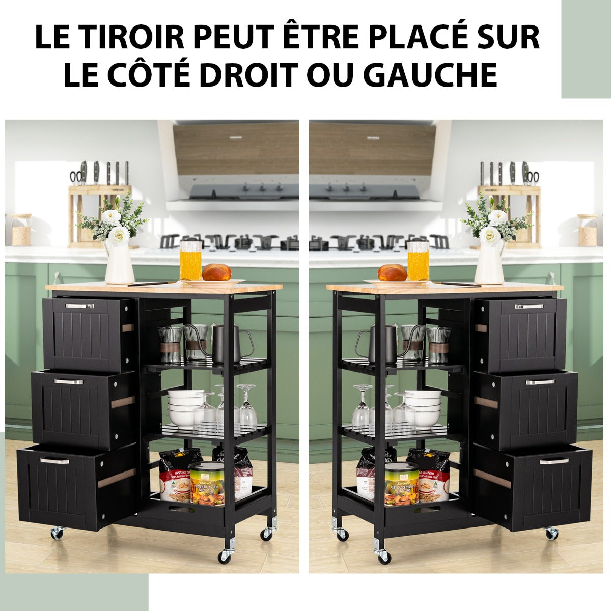 Chariot de Rangement, 3 Tiroir, 3 Niveaux, Ilot de Cuisine, Desserte a Roulette, Desserte de Cuisine, Noir, Costway, 7
