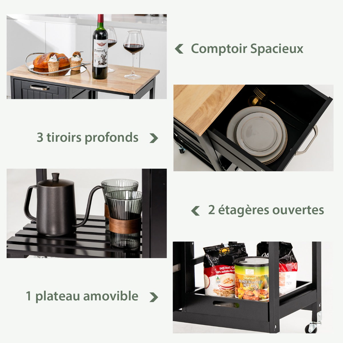 Chariot de Rangement, 3 Tiroir, 3 Niveaux, Ilot de Cuisine, Desserte a Roulette, Desserte de Cuisine, Noir, Costway, 6