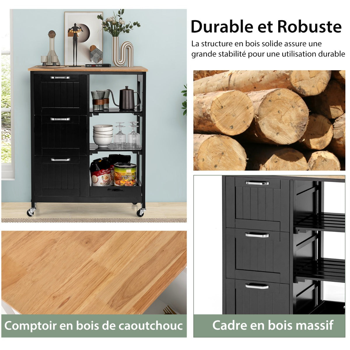 Chariot de Rangement, 3 Tiroir, 3 Niveaux, Ilot de Cuisine, Desserte a Roulette, Desserte de Cuisine, Noir, Costway, 8
