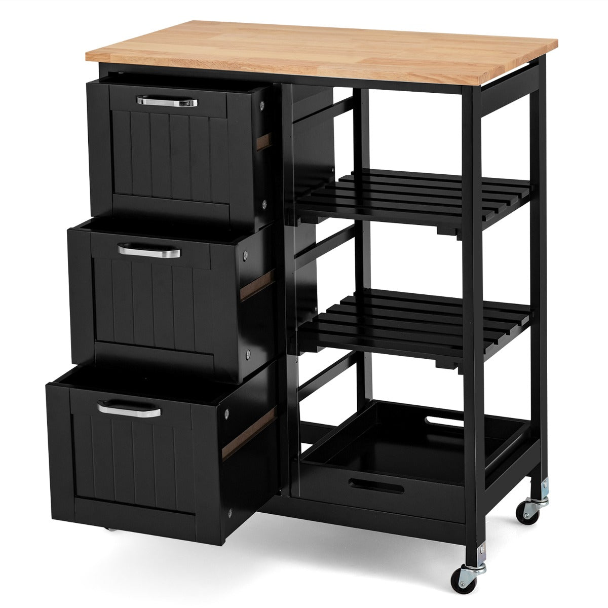 Chariot de Rangement, 3 Tiroir, 3 Niveaux, Ilot de Cuisine, Desserte a Roulette, Desserte de Cuisine, Noir, Costway, 1