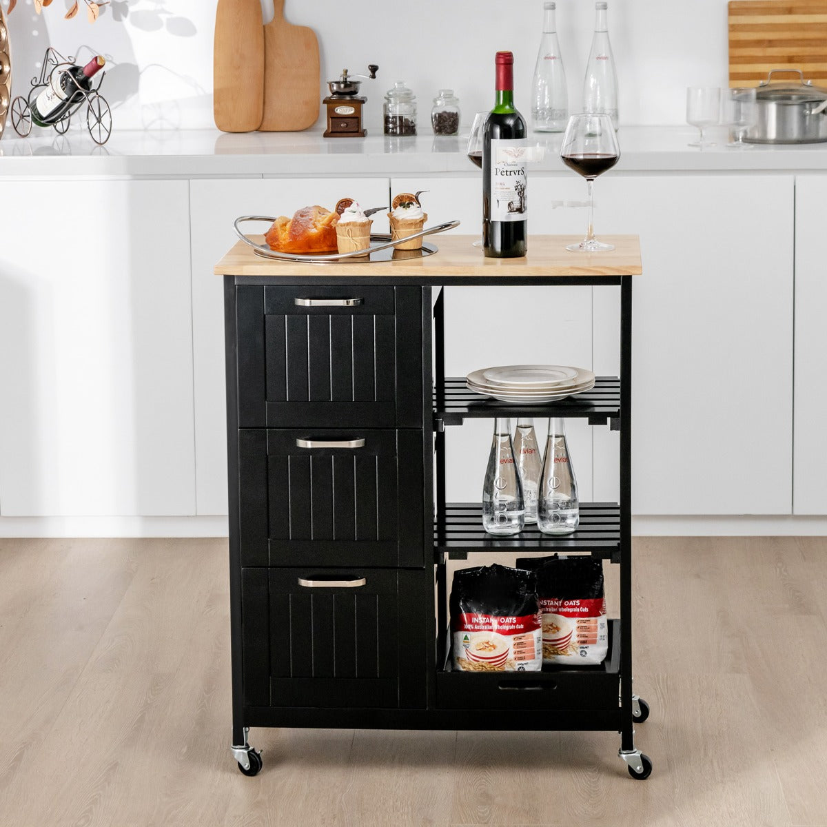 Chariot de Rangement, 3 Tiroir, 3 Niveaux, Ilot de Cuisine, Desserte a Roulette, Desserte de Cuisine, Noir, Costway, 2