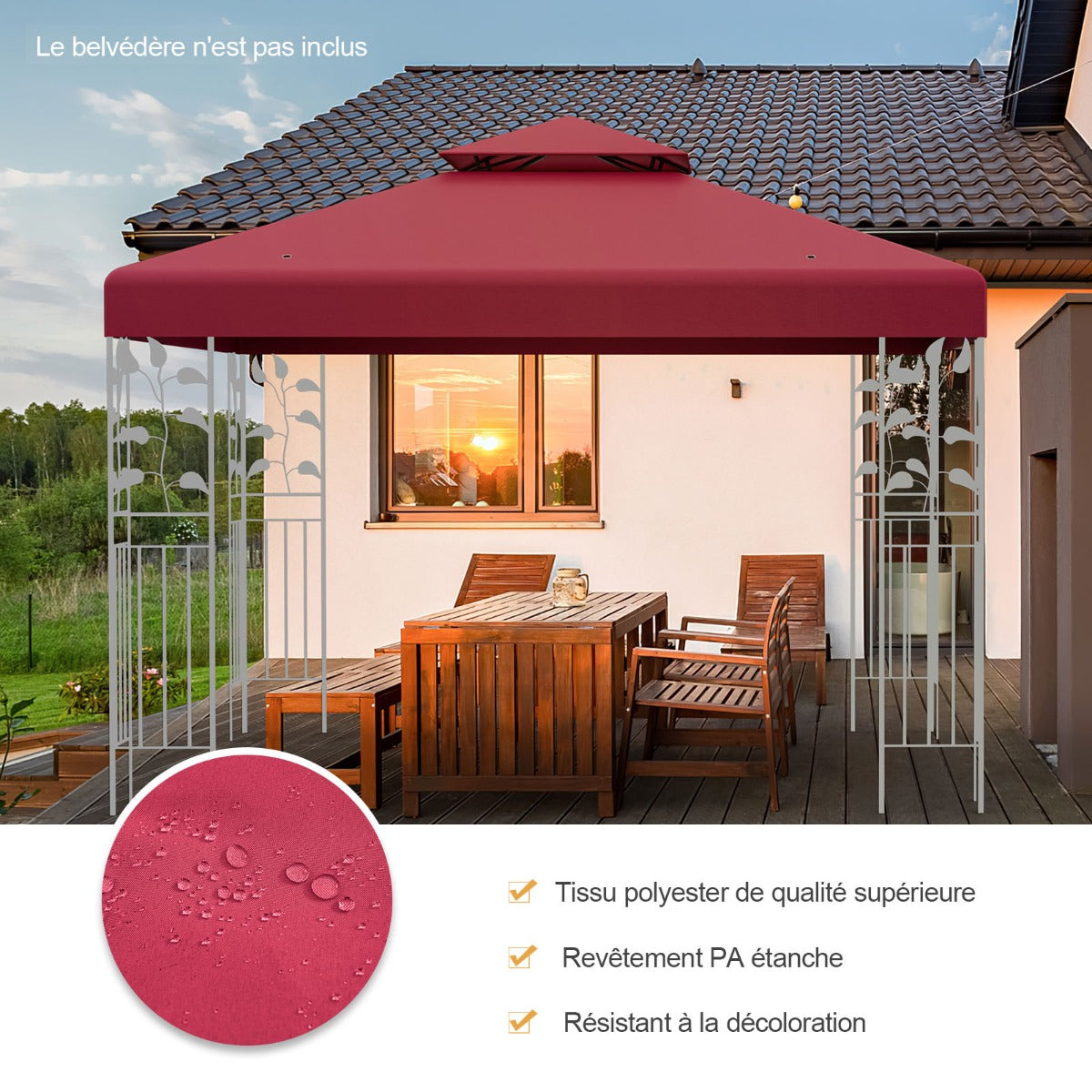 Pergola Terrasse, Tonnelle de jardin, Toile Supérieure 3x3m pour Tonnelle à 2 Niveaux Toile de Gazebo Boucles, Costway, 7