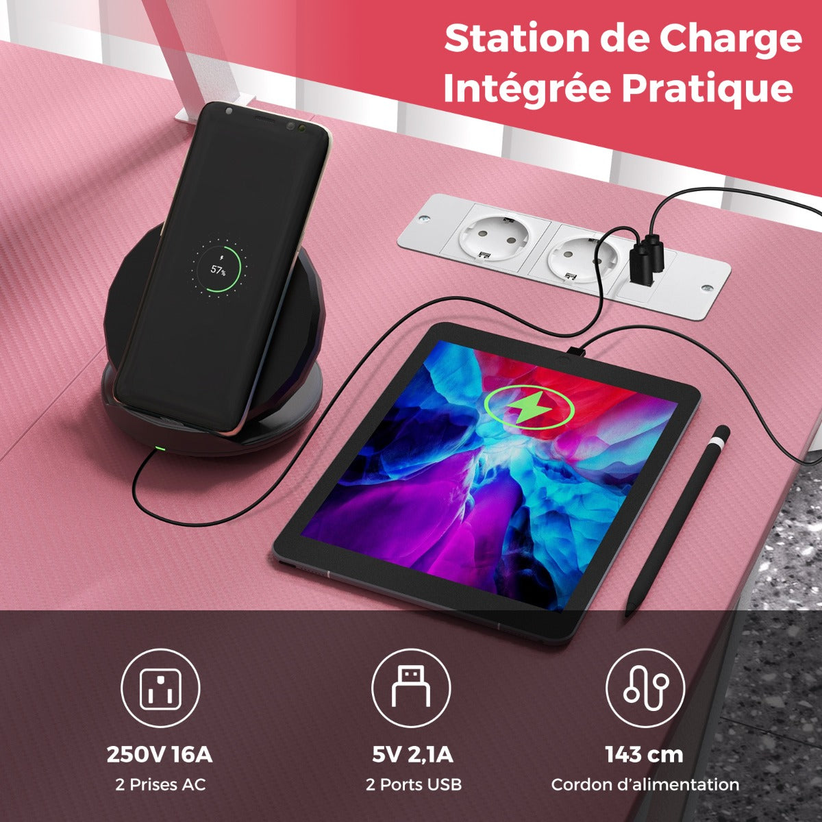 Table, Bureau Ordinateur, Table de Bureau, Poste de Travail avec Prises et Ports USB, Bureau de Jeu, Rose, Costway, 7