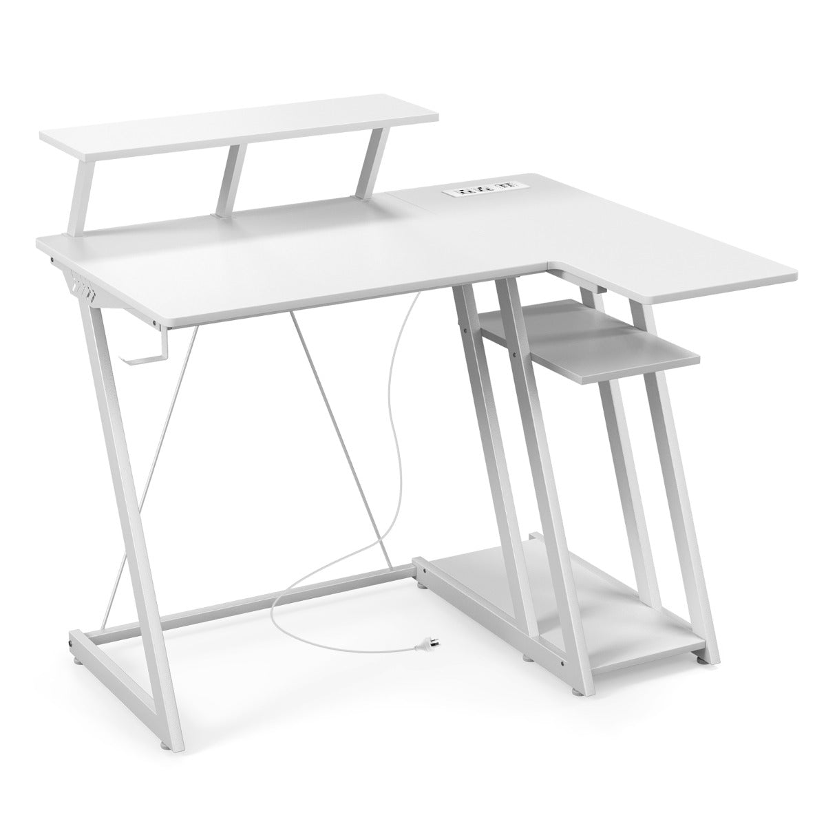 Table, Bureau Ordinateur, Table de Bureau, Poste de Travail avec Prises et Ports USB, Bureau de Jeu, Blanc, Costway, 1