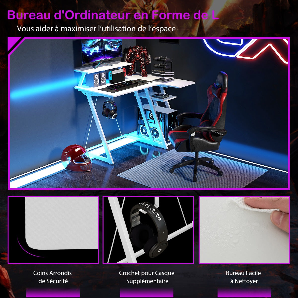 Table, Bureau Ordinateur, Table de Bureau, Poste de Travail avec Prises et Ports USB, Bureau de Jeu, Blanc, Costway, 4