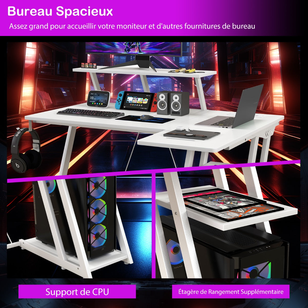 Table, Bureau Ordinateur, Table de Bureau, Poste de Travail avec Prises et Ports USB, Bureau de Jeu, Blanc, Costway, 5