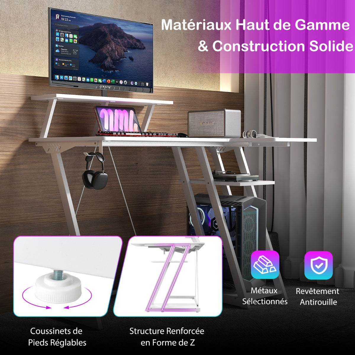 Table, Bureau Ordinateur, Table de Bureau, Poste de Travail avec Prises et Ports USB, Bureau de Jeu, Blanc, Costway, 8