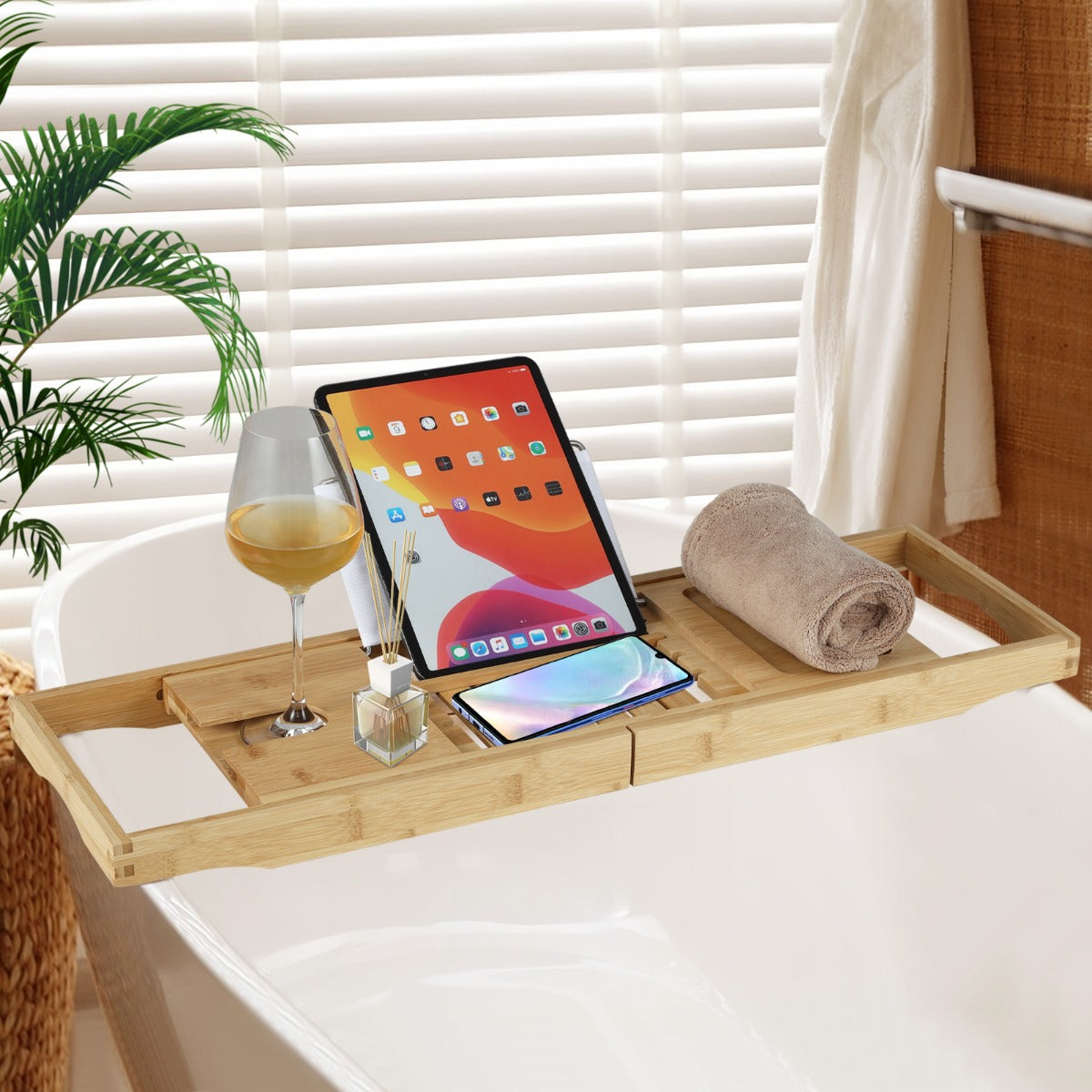 Plateau Baignoire, Bambou, Etagere Salle de Bain, Support de Livre Réglable Plateau de Rangement Latéral Porte-Boissons, Costway, 3