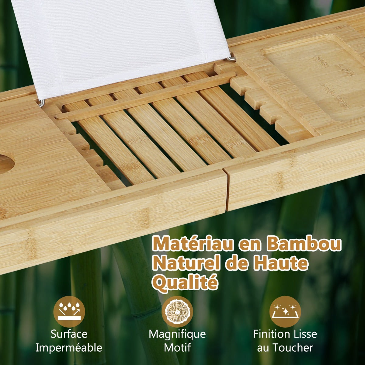 Plateau Baignoire, Bambou, Etagere Salle de Bain, Support de Livre Réglable Plateau de Rangement Latéral Porte-Boissons, Costway, 4