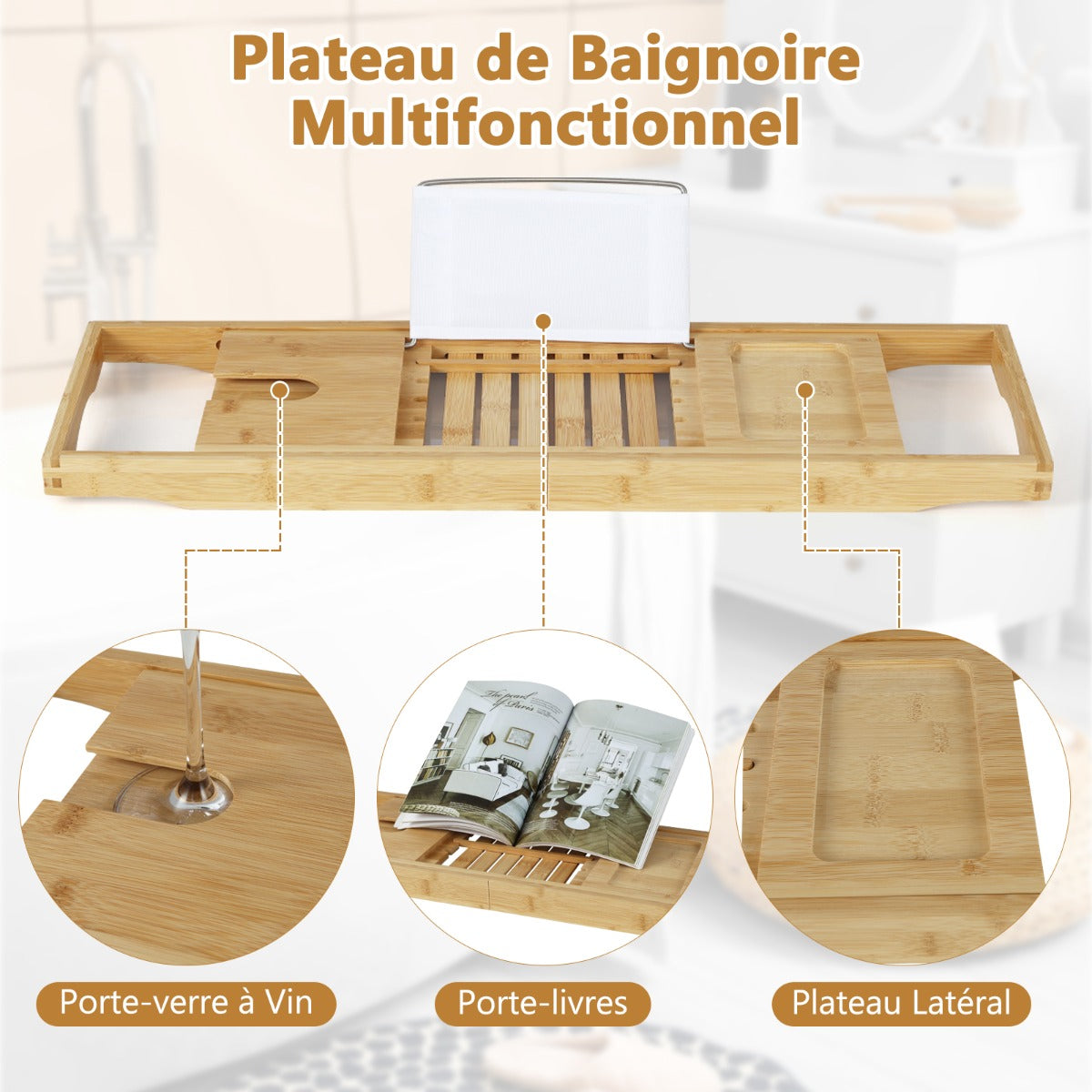 Plateau Baignoire, Bambou, Etagere Salle de Bain, Support de Livre Réglable Plateau de Rangement Latéral Porte-Boissons, Costway, 5