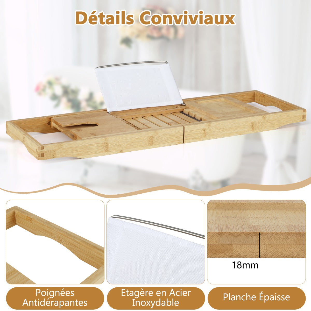 Plateau Baignoire, Bambou, Etagere Salle de Bain, Support de Livre Réglable Plateau de Rangement Latéral Porte-Boissons, Costway, 7