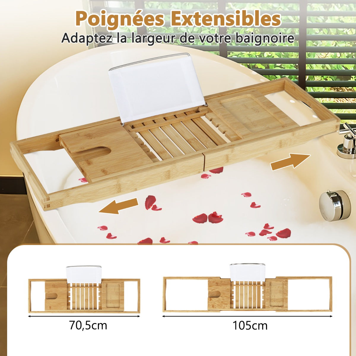 Plateau Baignoire, Bambou, Etagere Salle de Bain, Support de Livre Réglable Plateau de Rangement Latéral Porte-Boissons, Costway, 8