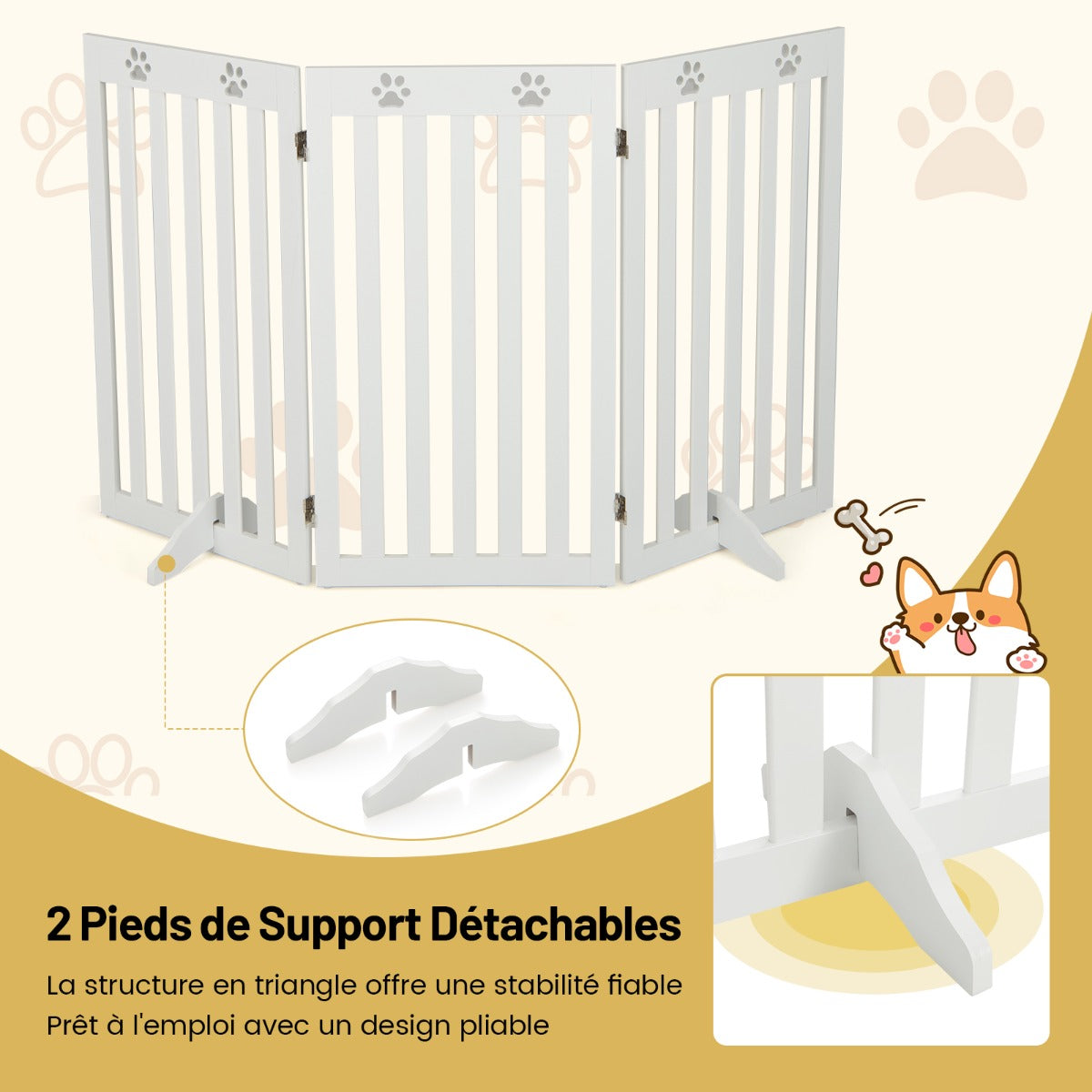 Barriere Chien, Barrière pour Chien sans Percer, Autoportante 3 Panneaux en Bois Charnières Métalliques à 360° Blanc, Costway, 7