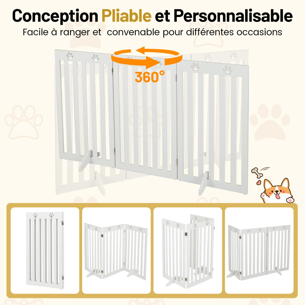 Barriere Chien, Barrière pour Chien sans Percer, Autoportante 3 Panneaux en Bois Charnières Métalliques à 360° Blanc, Costway, 6