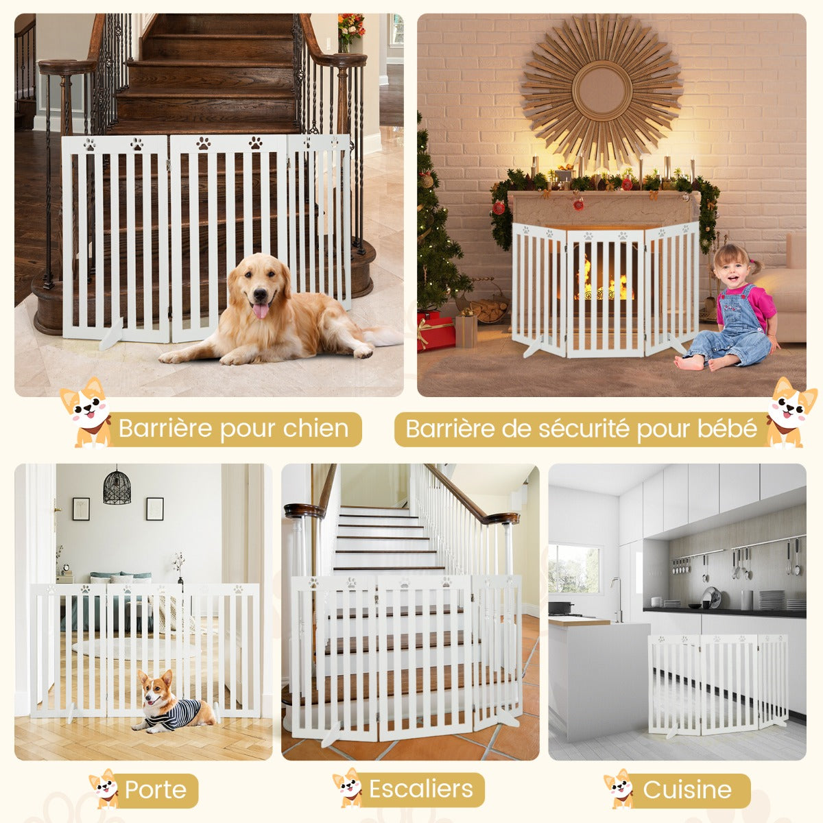 Barriere Chien, Barrière pour Chien sans Percer, Autoportante 3 Panneaux en Bois Charnières Métalliques à 360° Blanc, Costway, 8