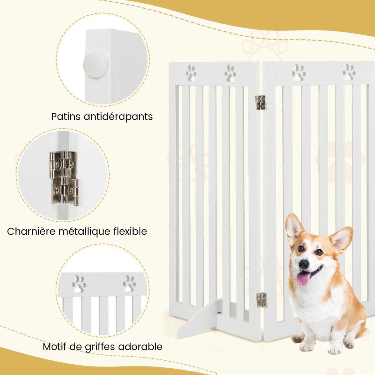 Barriere Chien, Barrière pour Chien sans Percer, Autoportante 3 Panneaux en Bois Charnières Métalliques à 360° Blanc, Costway, 5