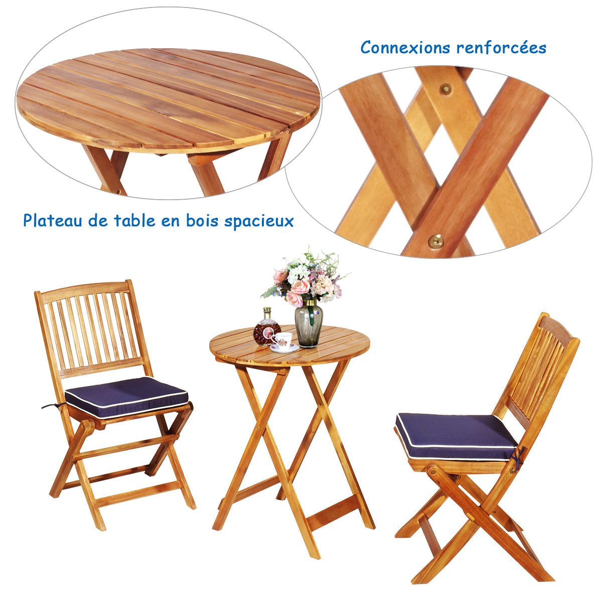 Ensemble Table et Chaise, Table et Chaise de Jardin, Pliable, 2 Chaises et1 Table Ronde en Bois, Naturel Bleu, Costway, 8
