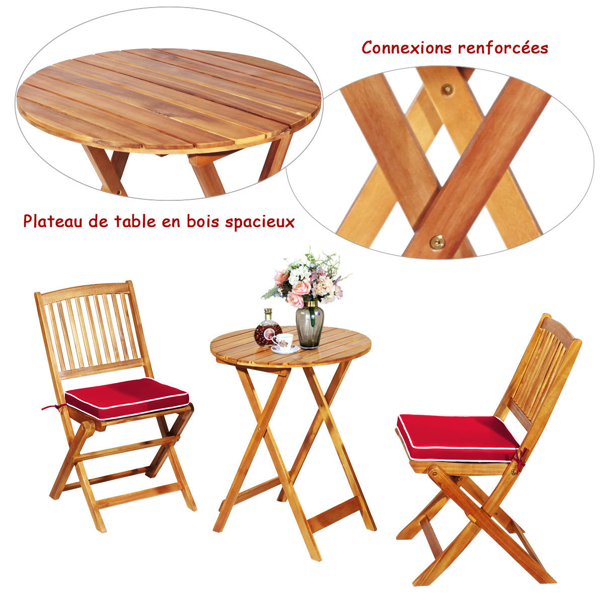Ensemble Table et Chaise, Table et Chaise de Jardin, Pliable, 2 Chaises et1 Table Ronde en Bois, Naturel Rouge, Costway, 6