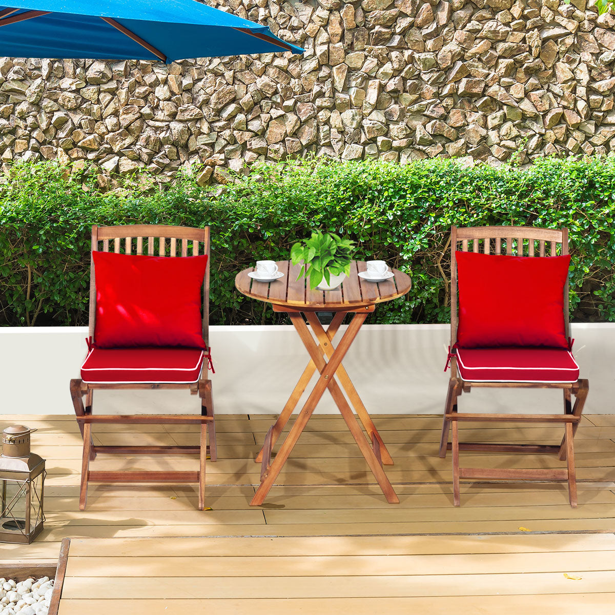 Ensemble Table et Chaise, Table et Chaise de Jardin, Pliable, 2 Chaises et1 Table Ronde en Bois, Naturel Rouge, Costway, 5