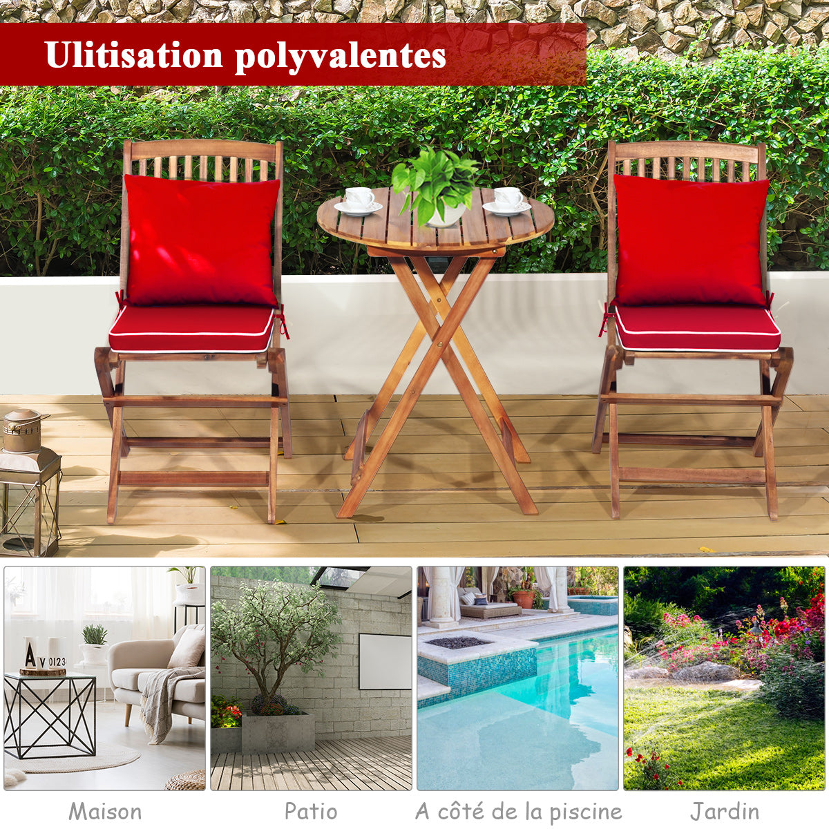 Ensemble Table et Chaise, Table et Chaise de Jardin, Pliable, 2 Chaises et1 Table Ronde en Bois, Naturel Rouge, Costway, 8