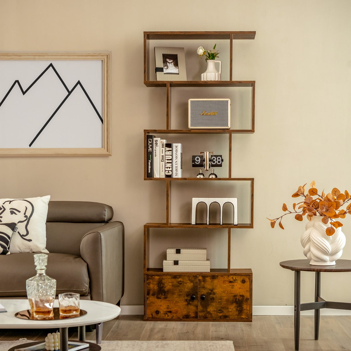 Étagère Bibliothèque, Etagere de Rangement, Etagere Colonne, Échelle en Bois à 6 niveaux avec 2 Portes, Marron Rustique, Costway, 2