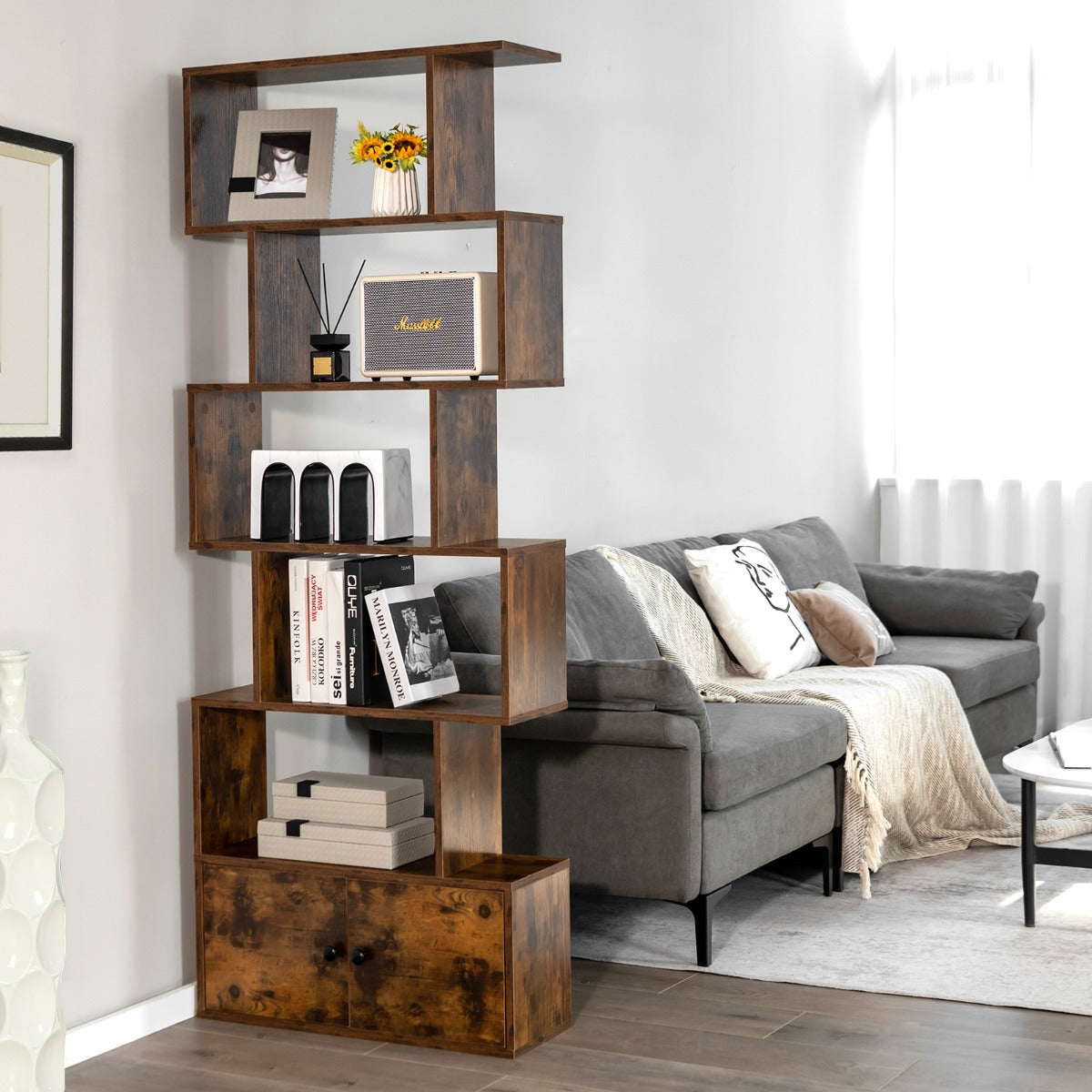 Étagère Bibliothèque, Etagere de Rangement, Etagere Colonne, Échelle en Bois à 6 niveaux avec 2 Portes, Marron Rustique, Costway, 3