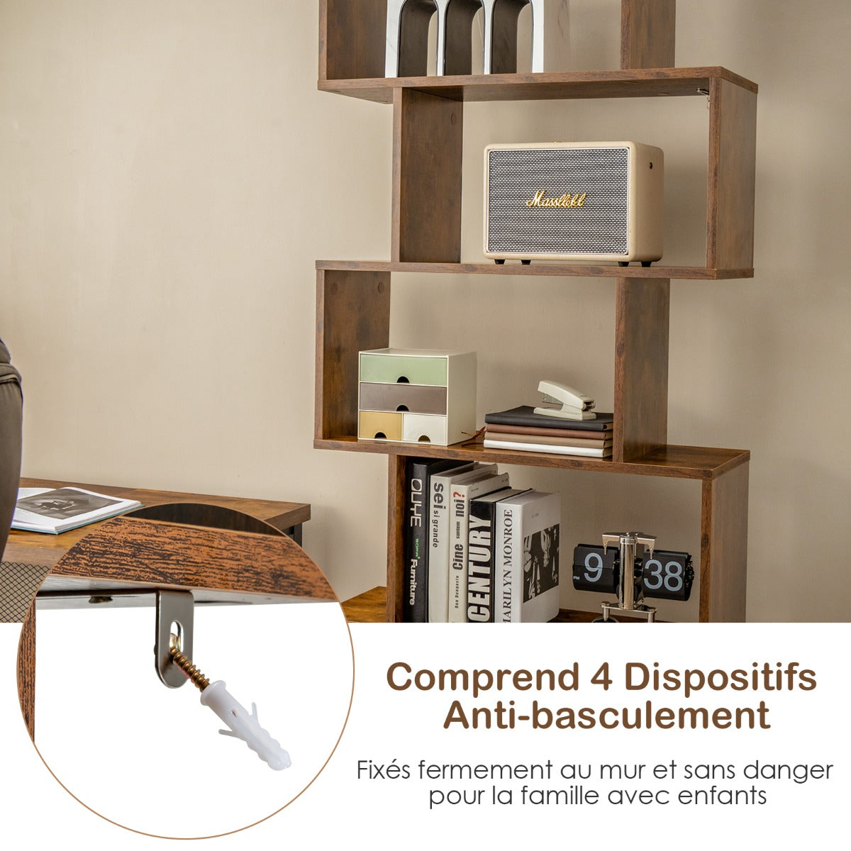 Étagère Bibliothèque, Etagere de Rangement, Etagere Colonne, Échelle en Bois à 6 niveaux avec 2 Portes, Marron Rustique, Costway, 8