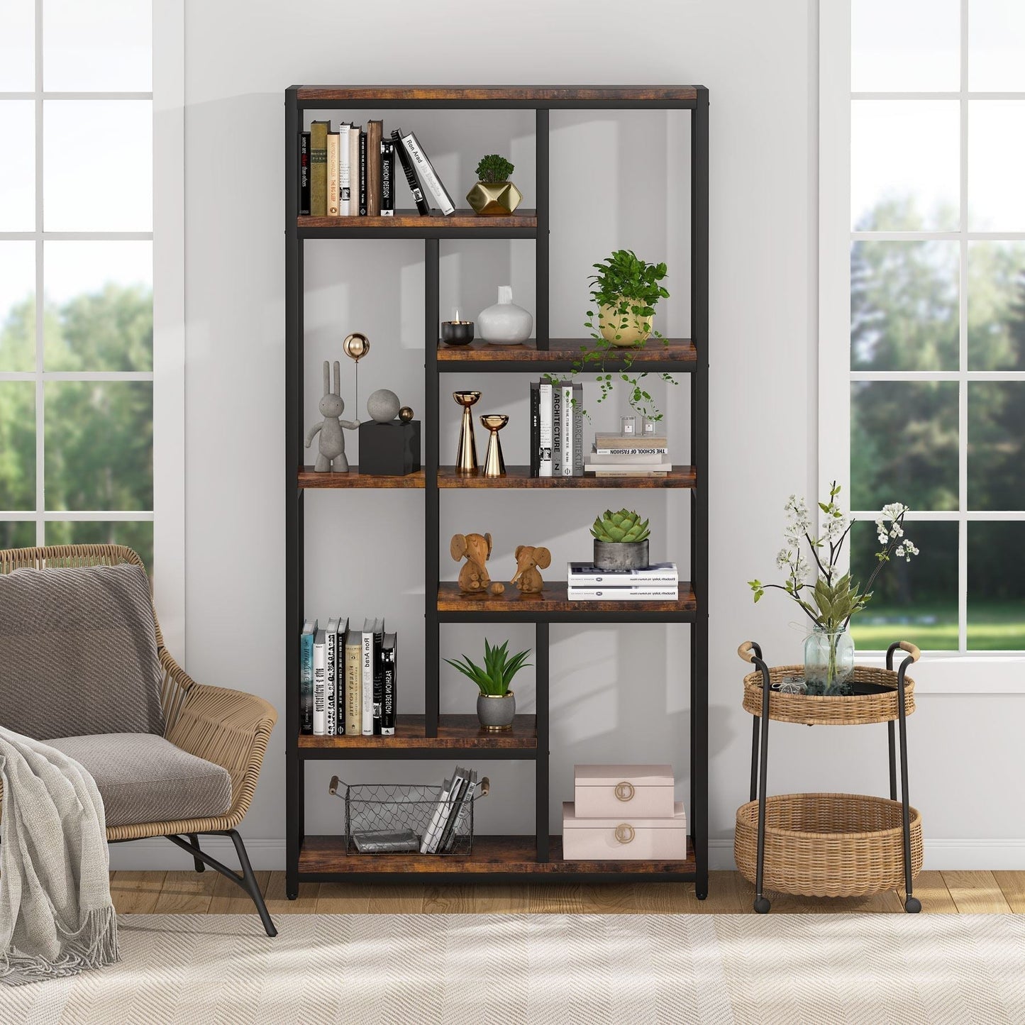 Bibliothèque, 7 niveaux, Etagere Salon, 100 x 30 x 200 cm, Etagere Rangement, Brun, Tribesigns, 2