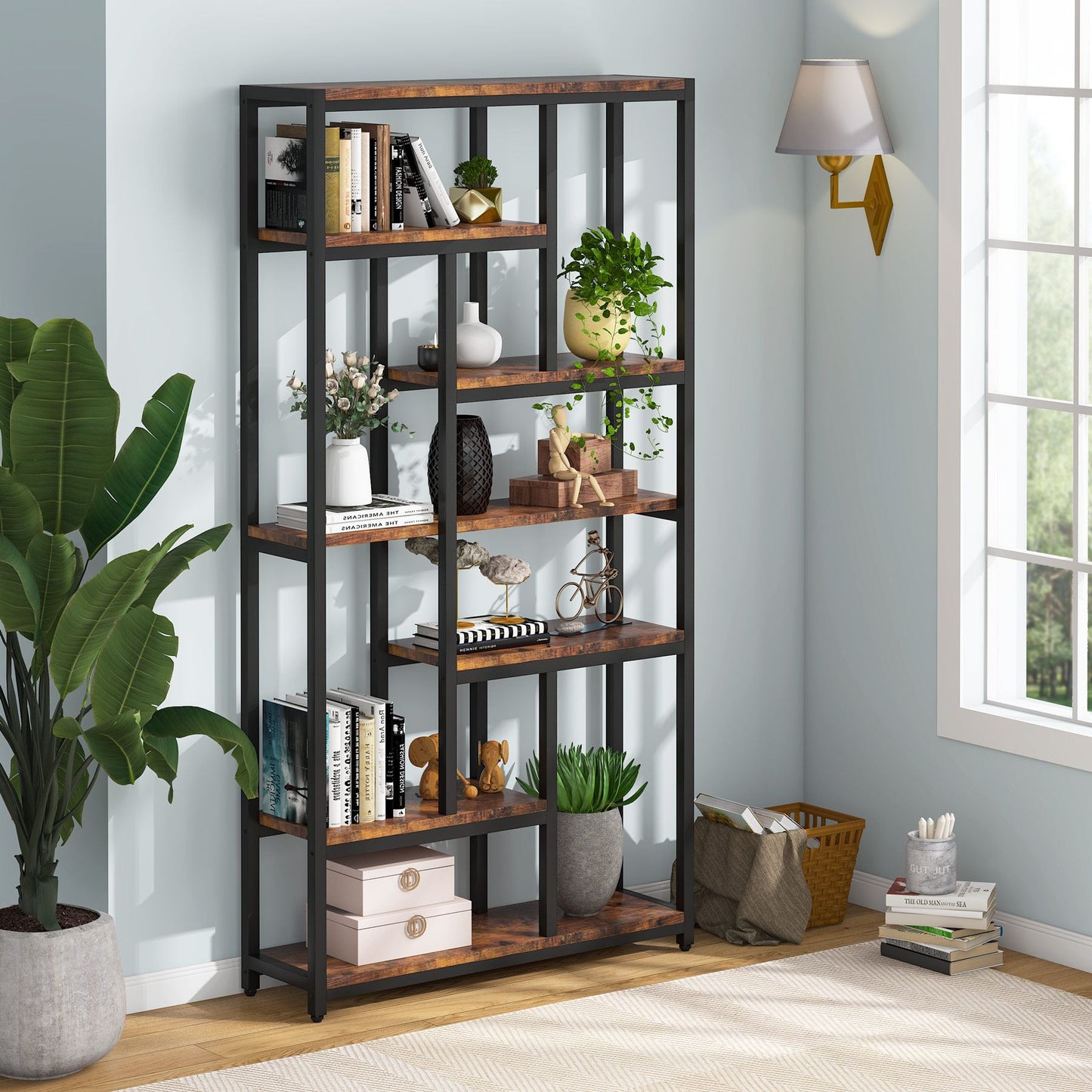 Bibliothèque, 7 niveaux, Etagere Salon, 100 x 30 x 200 cm, Etagere Rangement, Brun, Tribesigns, 8