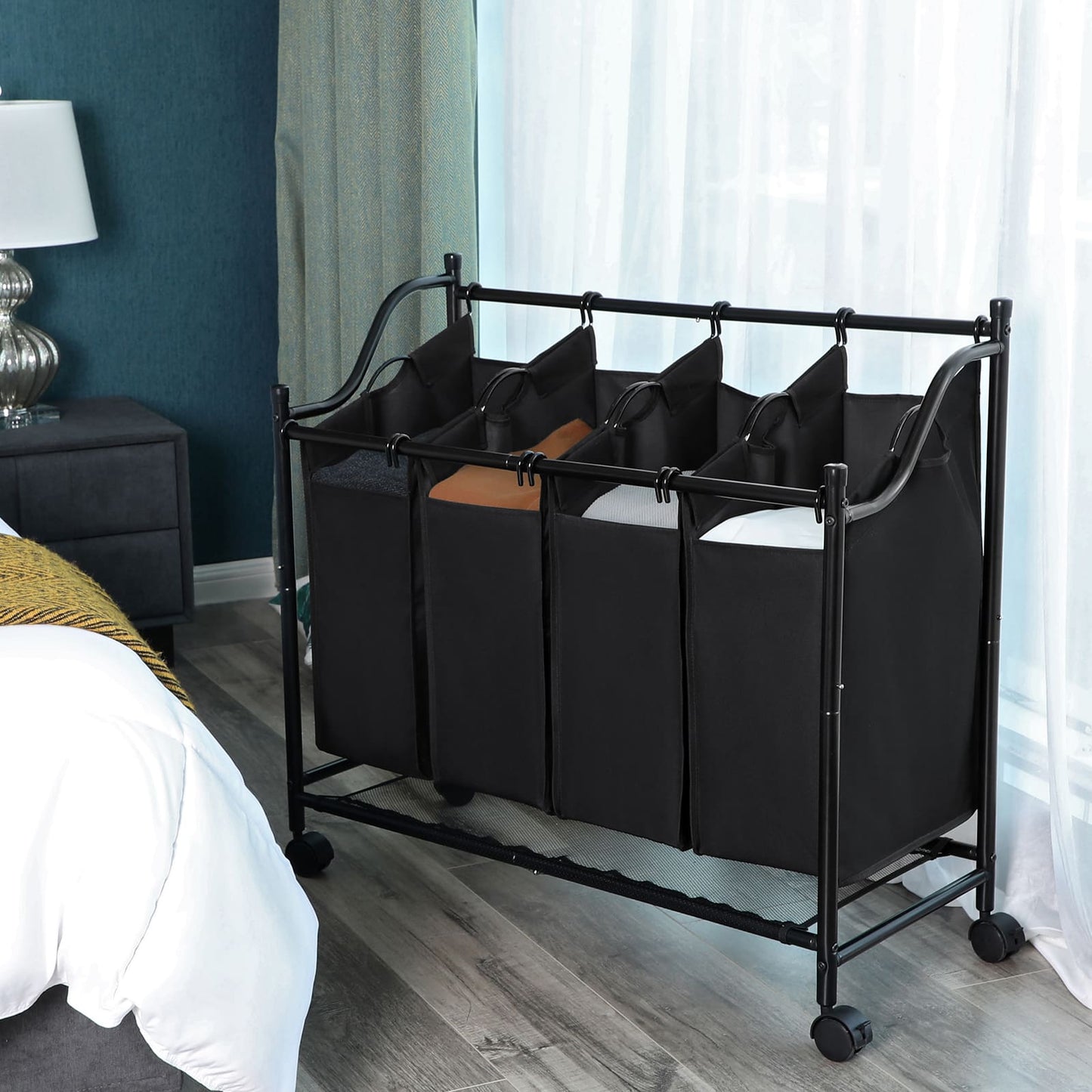 Chariot À linge, Panier À linge, Corbeille À linge avec 4 Sacs amovibles avec Roulettes, 4 x 35 L, Noir, SONGMICS, 6