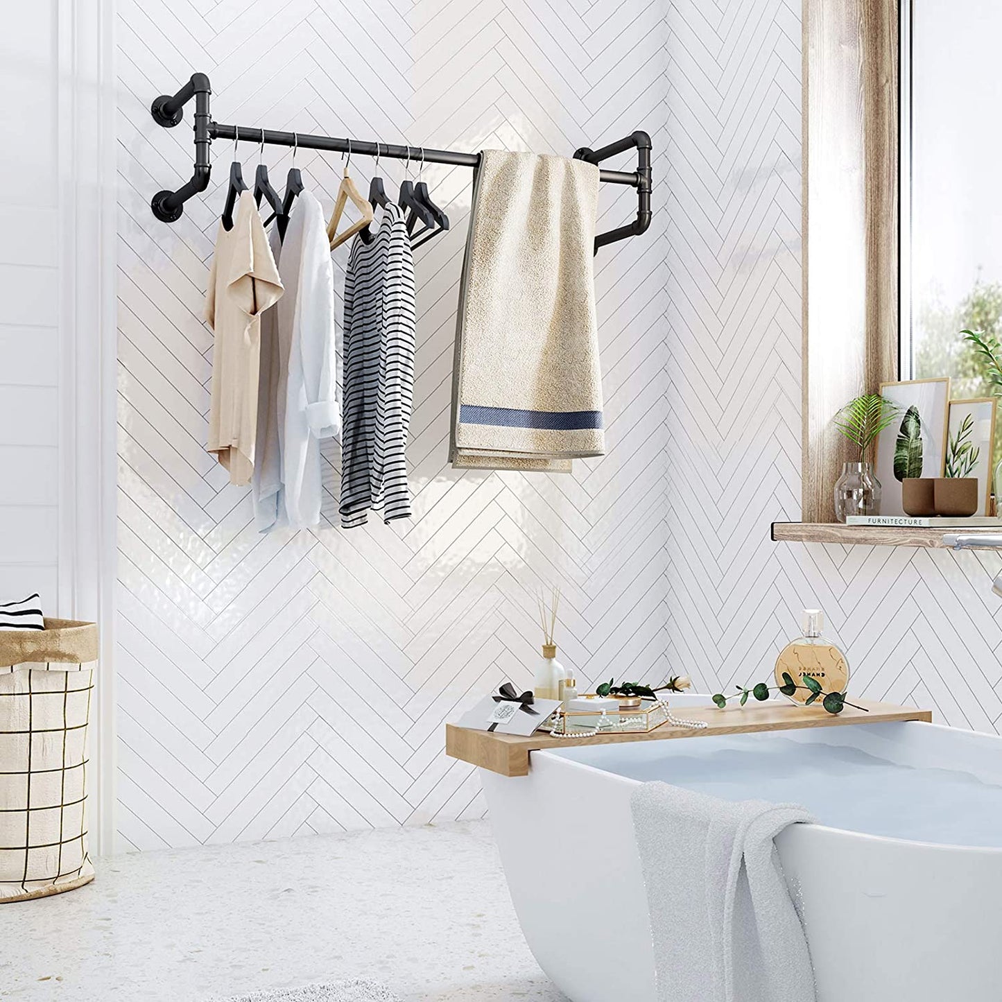 Portemanteau Mural, Barres de Suspension pour vêtements, Imitation Tuyau, Charge 60 kg, Noir, SONGMICS, 6