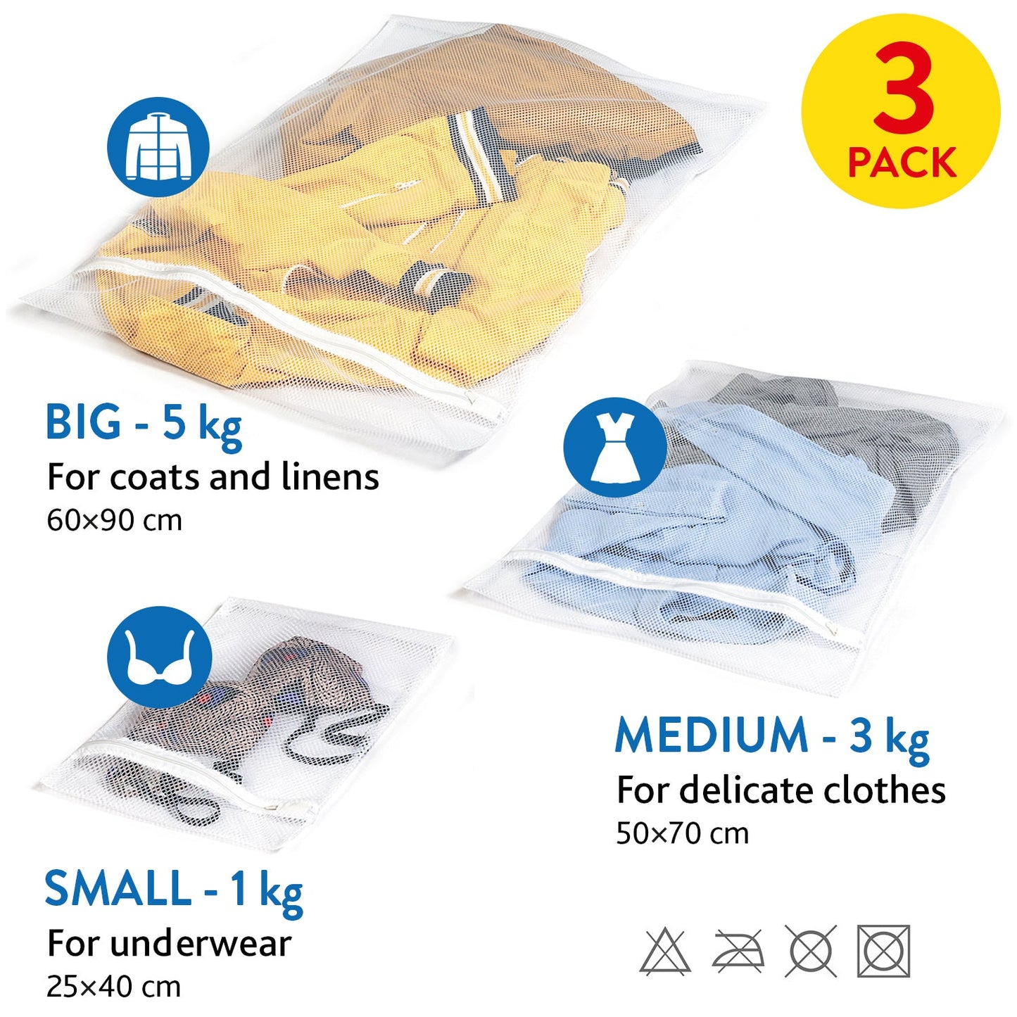 art moon Trio - Lot de 3 Sacs Filets à Linge en Tissu pour la Lessive, Trois Tailles: 25x40cm, 50x70cm, 60x90cm