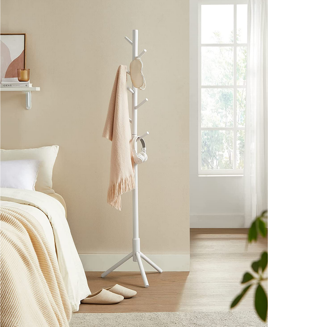 VASAGLE - Portemanteau en Bois Massif, Porte-vêtement, avec 8 Crochets pour vêtements, Sacs, Veste, pour entrée, Couloir, Blanc