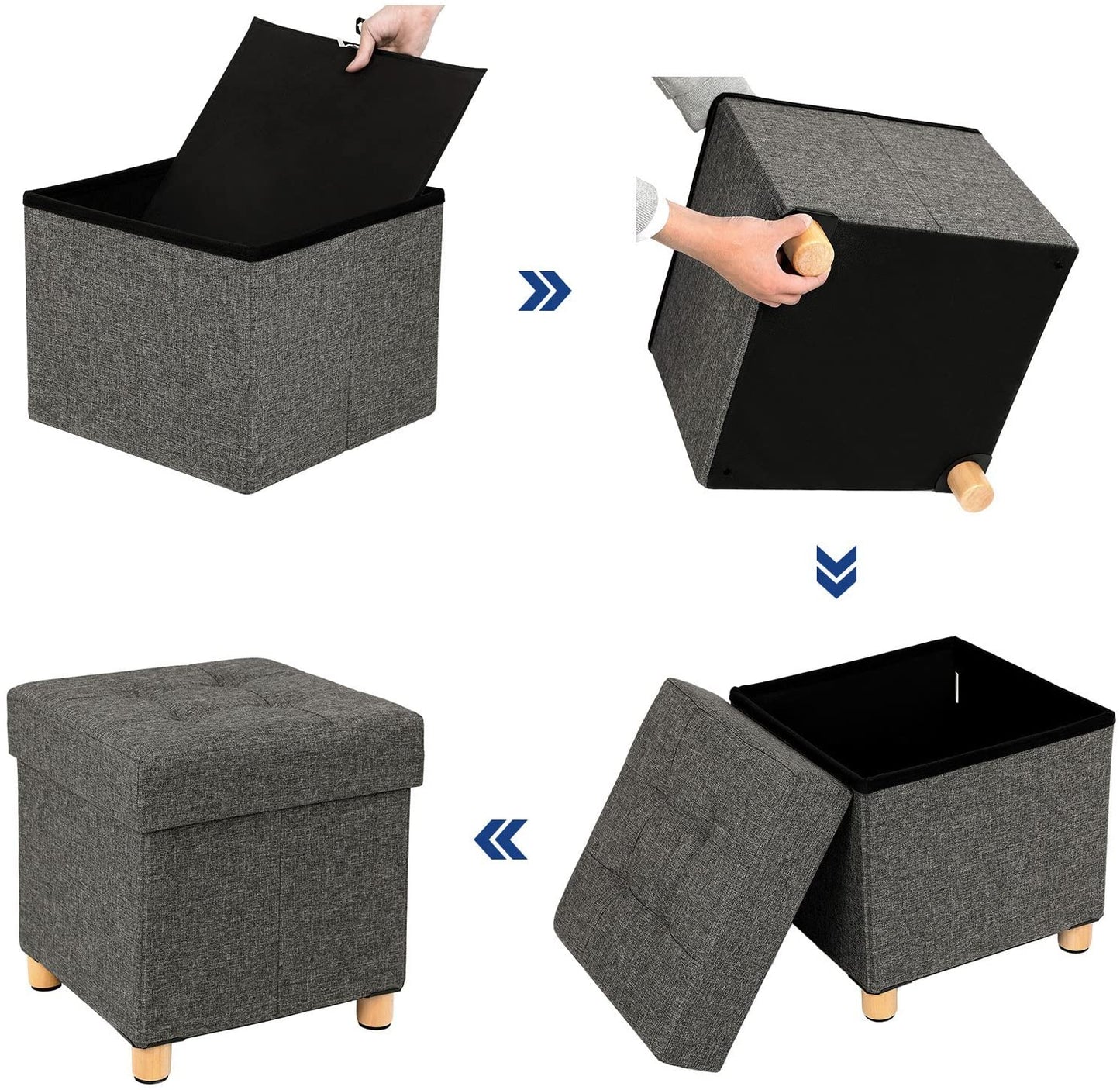 SONGMICS - Banc de Rangement, Tabouret rembourré Pliable, avec Couvercle, Pieds en Bois Massif, Gain de Place, Charge 300 kg, pour Chambre, Gris