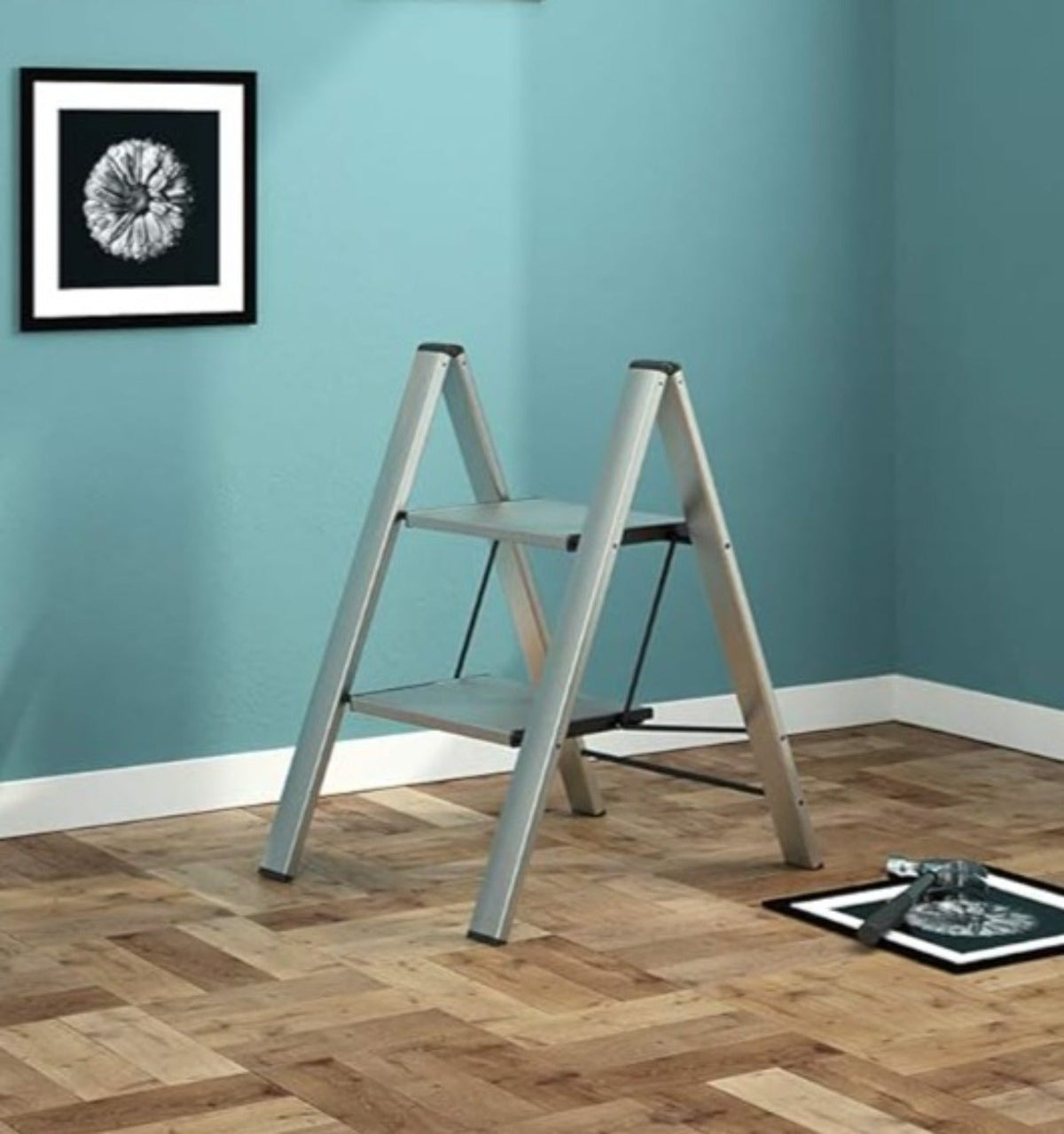 Escalier domestique, 2 marches, en aluminium, marches antidérapantes, capacité de charge jusqu'à 150 kg