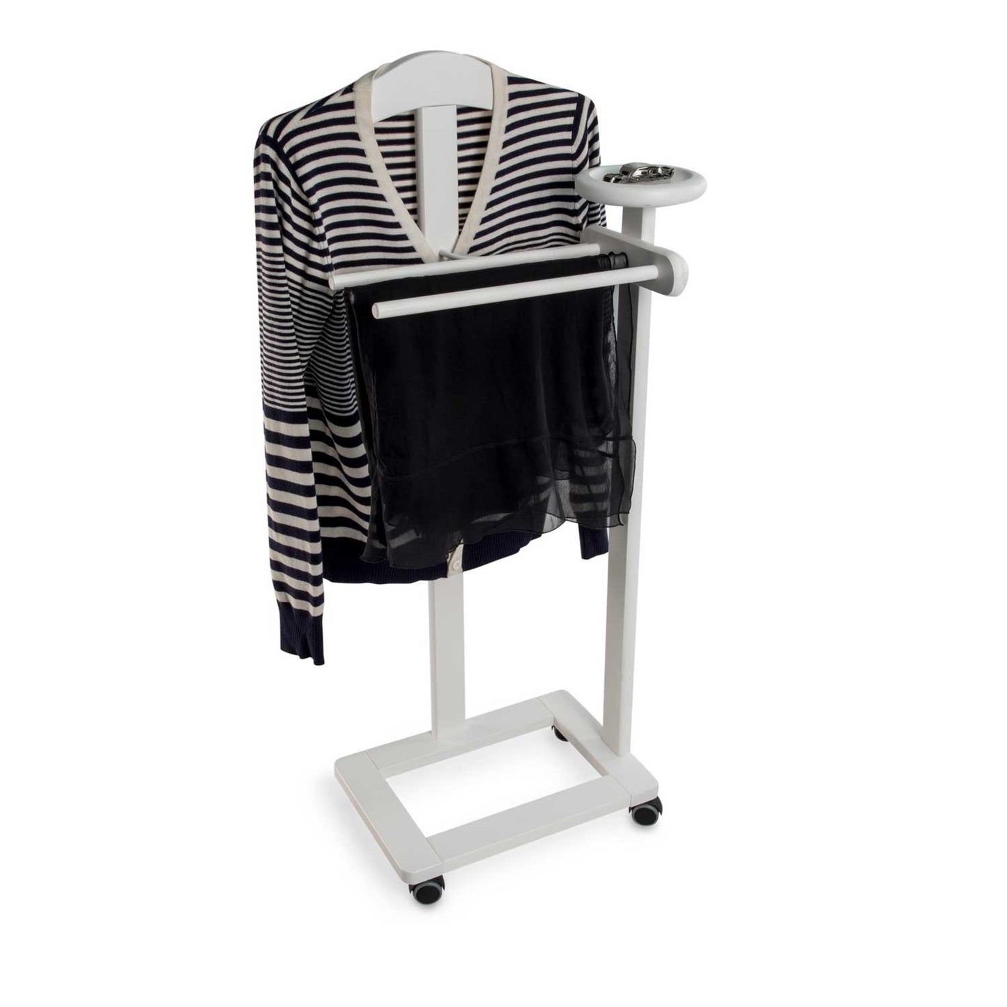 ARIT - Valet de nuit ANTIMO, Composé d'un cintre, de 3 porte-pantalons et d'une tablette de rangement, Couleur blanc laqué, 3