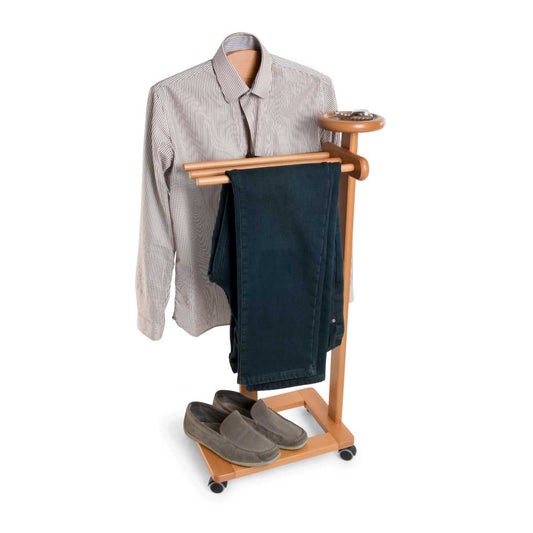 Valet de nuit ANTIMO, Composé d'un cintre, de 3 porte-pantalons et d'une tablette de rangement - Couleur cerise